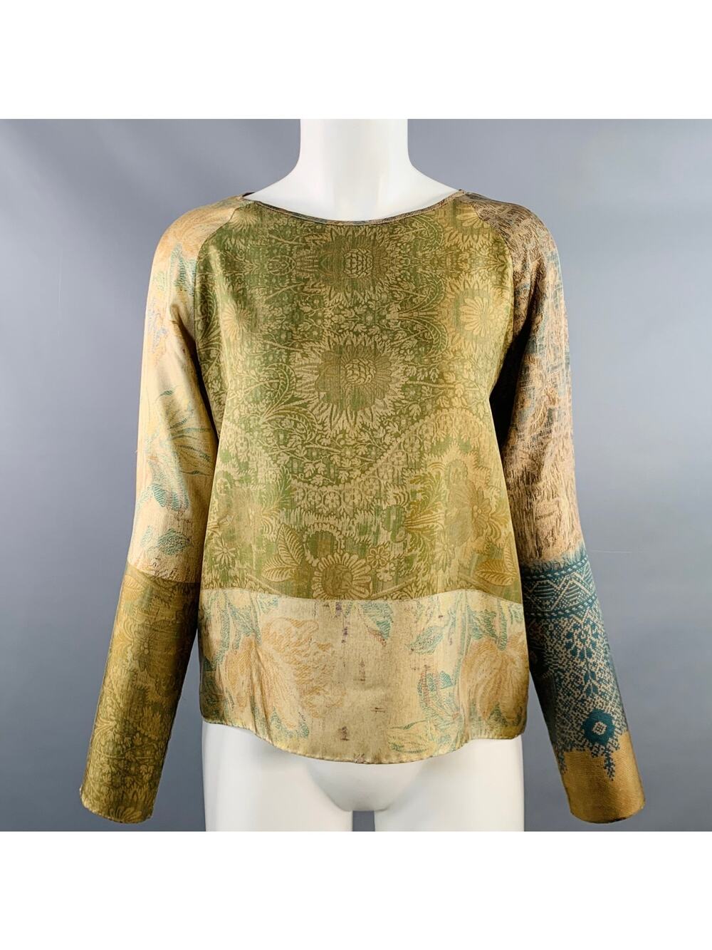 PIERRE-LOUIS MASCIA Size XS Green Brown Silk Floral Long Sleeve Dress Top
